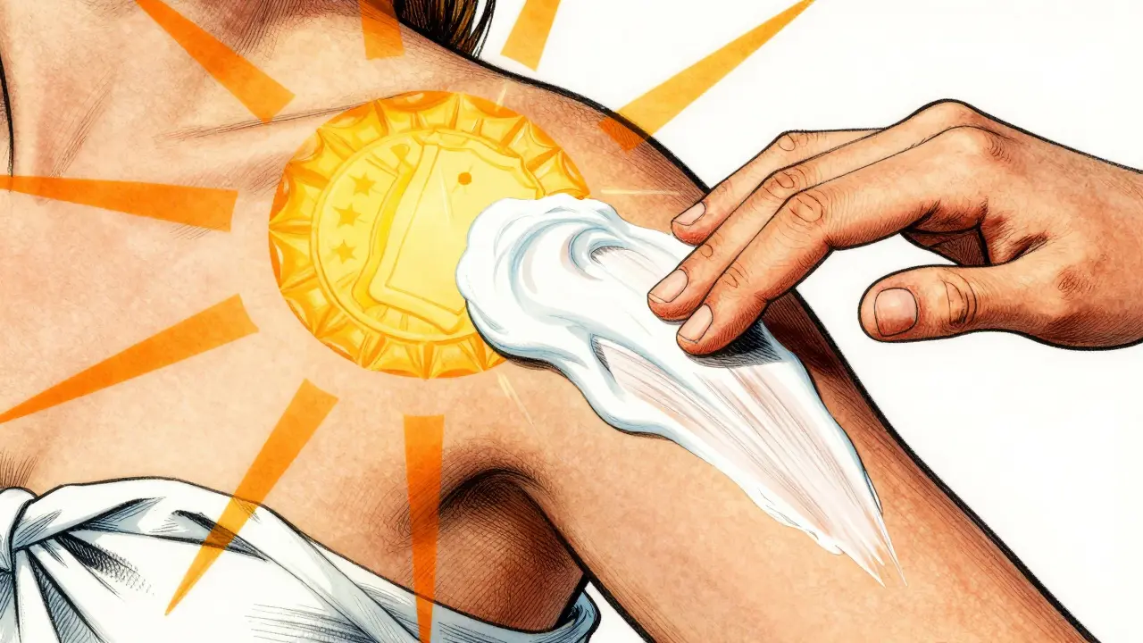 Рука смазывает крем солнцезащитной защиты от лучей