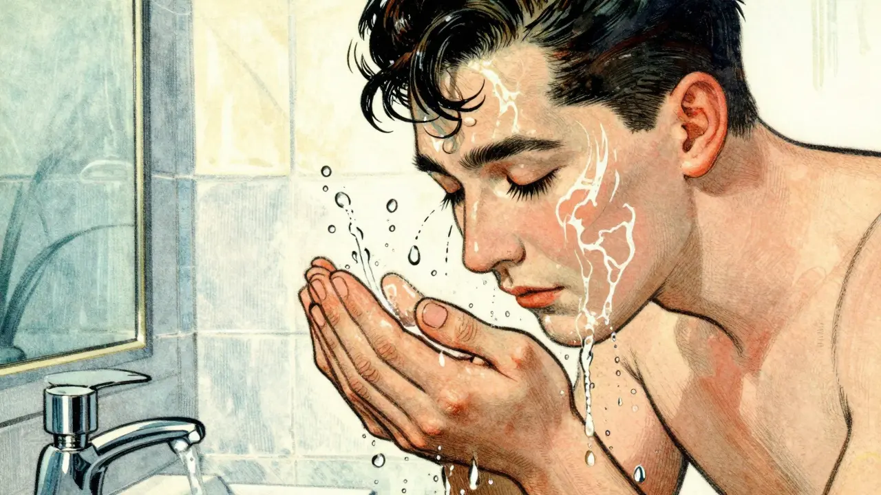 Руки аккуратно умывают лицо прохладной водой.