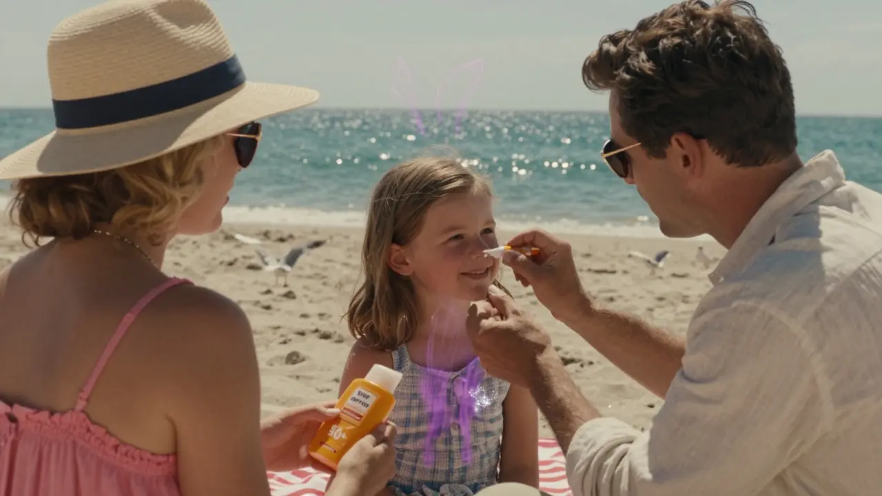 Семья на пляже наносит солнцезащитный крем ребенку, защита от UVA и UVB-лучей визуализирована как щит.