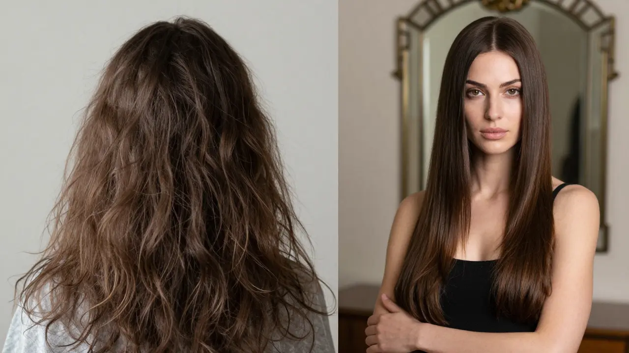 Сравнение до и после: от тусклых, пушистых волос к гладким, ухоженным сияющим локонам.