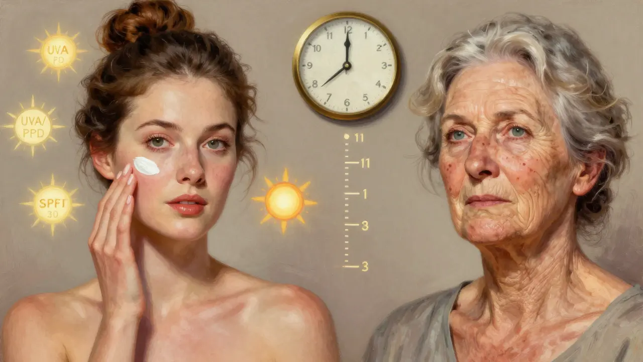 Сравнение молодой и стареющей кожи: одна защищена SPF, другая повреждена солнцем, с символами защиты.