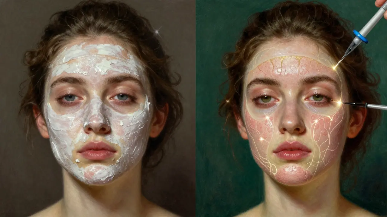 Сравнение тусклой кожи с кремами и омоложенной кожи с внутренним восстановлением.