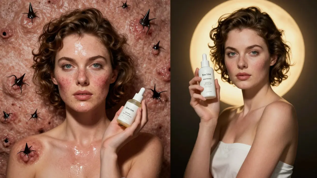 Сравнение жирной воспаленной кожи и спокойной, сбалансированной кожи в стиле иллюстрации.