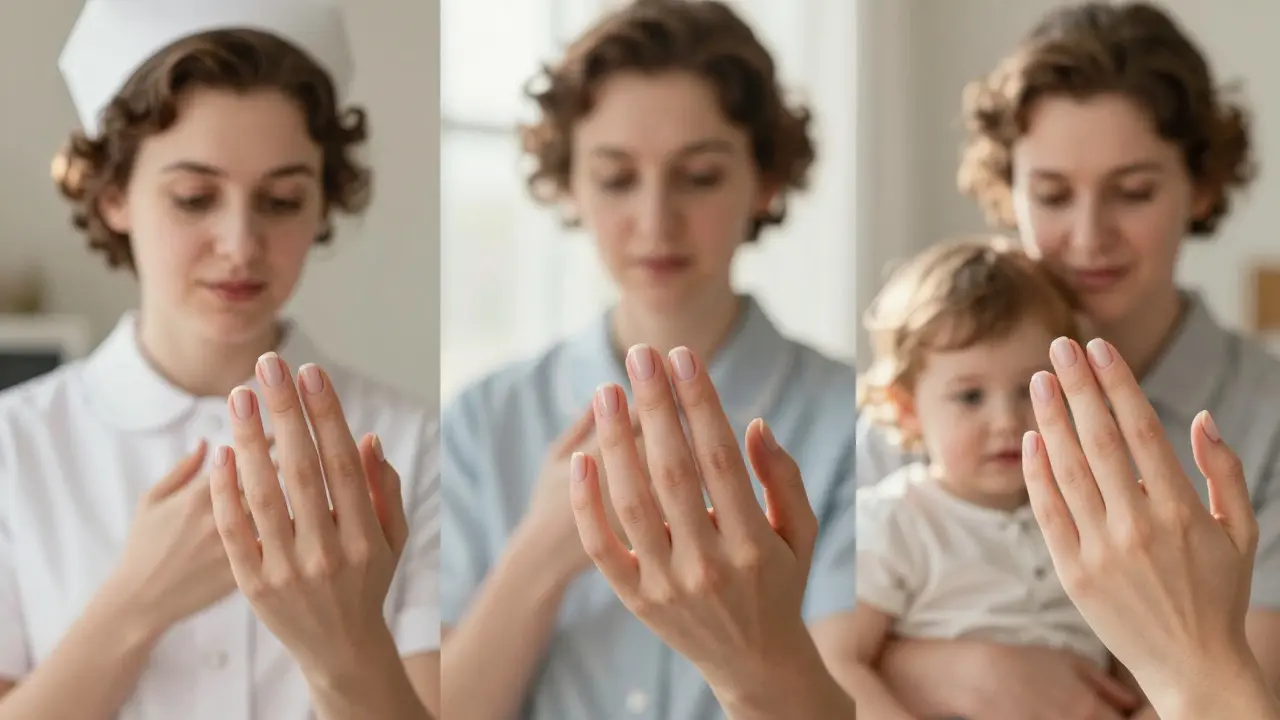 Три женщины в повседневных ситуациях с мягкими квадратными ногтями, освещённые тёплым светом.