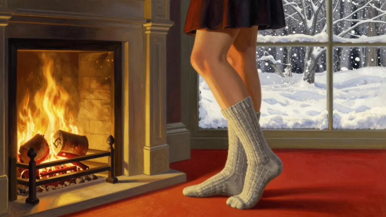 Здоровые ступни в носках у камина зимний вечер