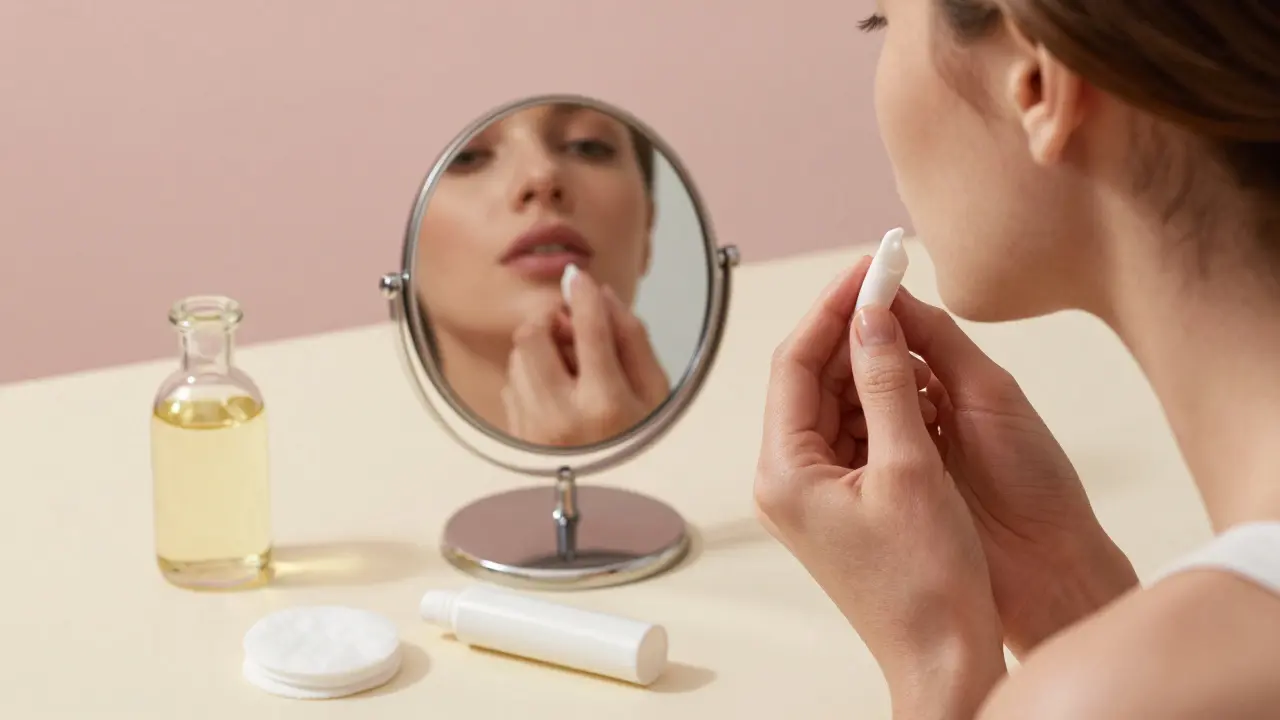 Женщина наносит бальзам на губы после удаления тинта, в уютной обстановке восстановления.