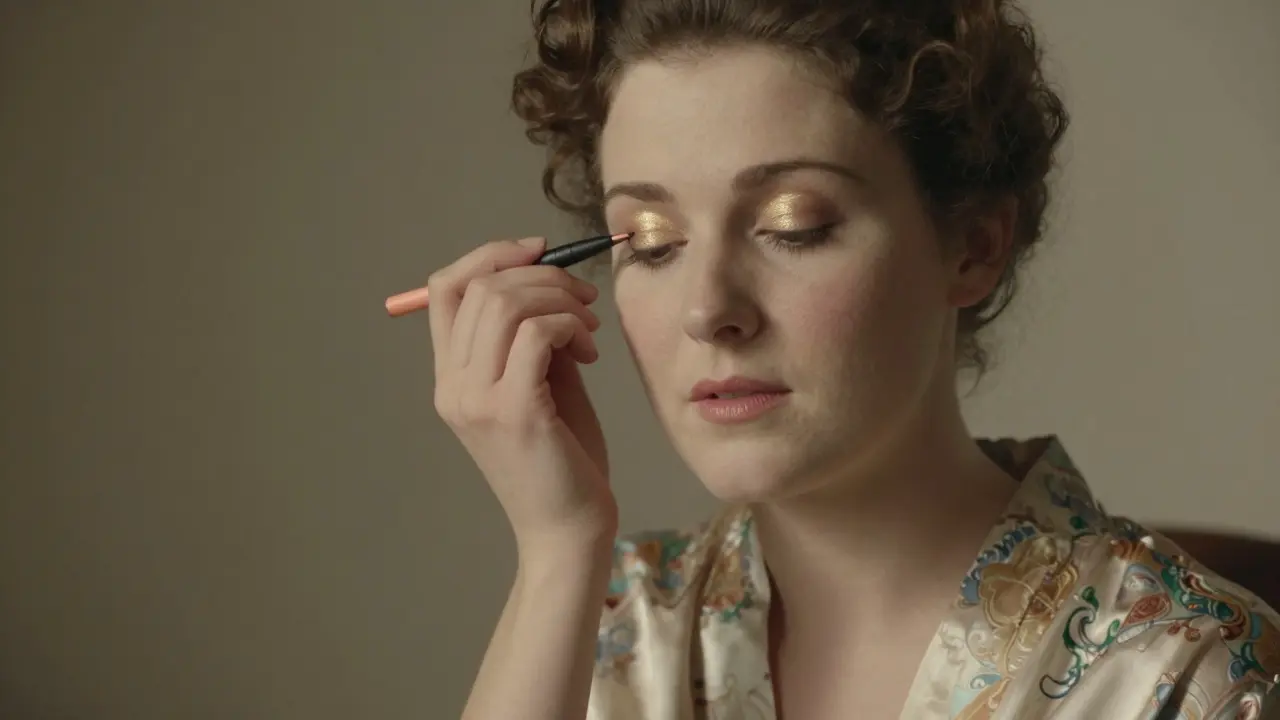 Женщина наносит персиковый подводящий карандаш к внутреннему уголку глаза.