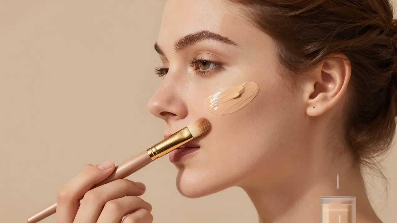 Женщина наносит праймер тонкой пленкой на щеку, свет подчеркивает его гладкую текстуру.
