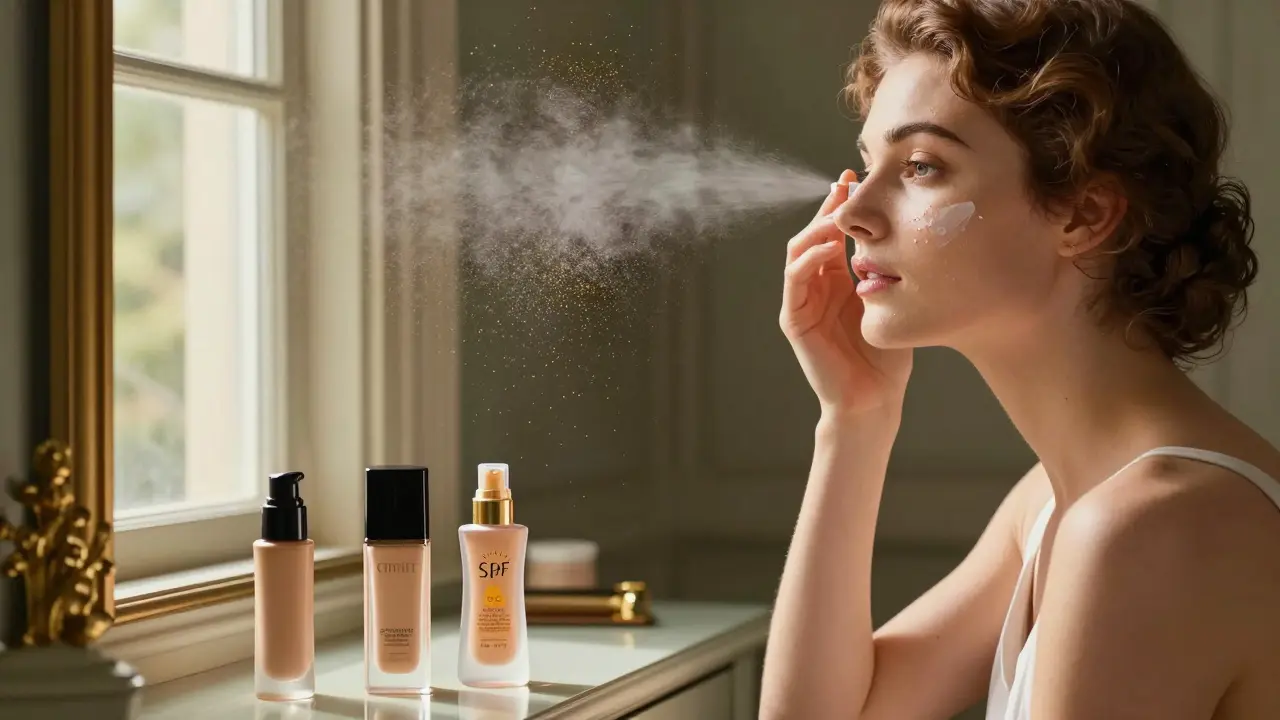 Женщина наносит SPF как последний шаг ухода перед макияжем, мягкий свет подчеркивает текстуру кожи.