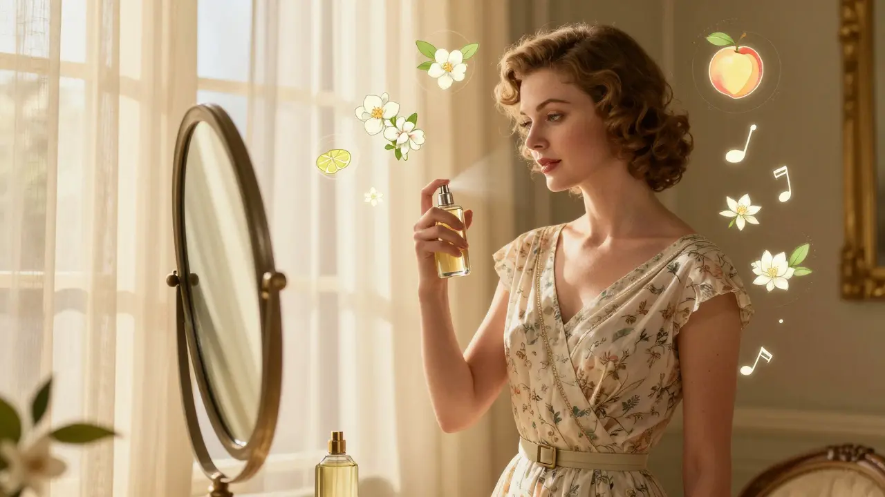 Женщина распыляет парфюмерную воду у зеркала в лучах вечернего солнца.