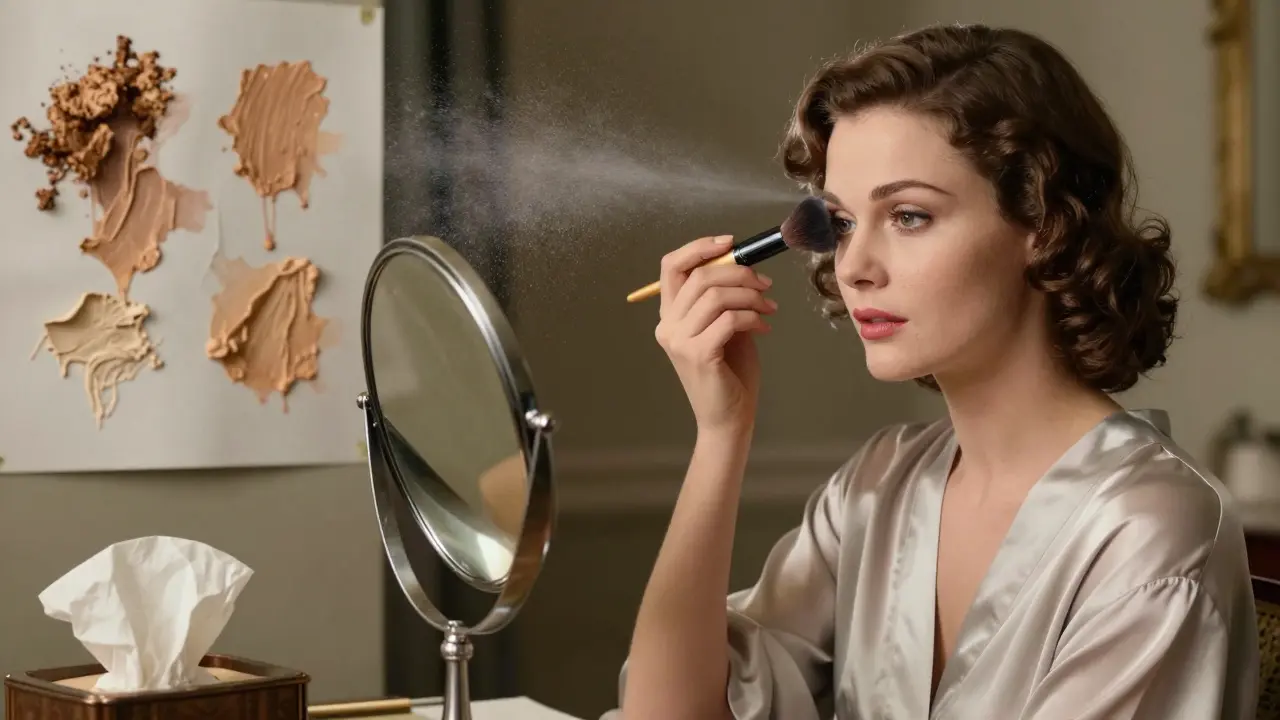 Женщина с идеальным макияжем смотрит в зеркало, вокруг нее — тени неудачных попыток.