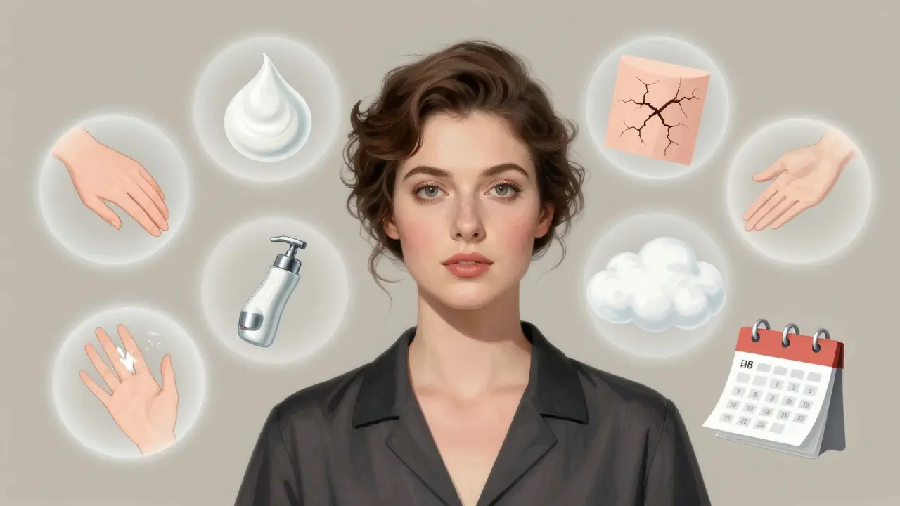 Женщина с идеальным макияжем, вокруг неё парят семь символов ошибок макияжа, все мягко растворяются в фоне.