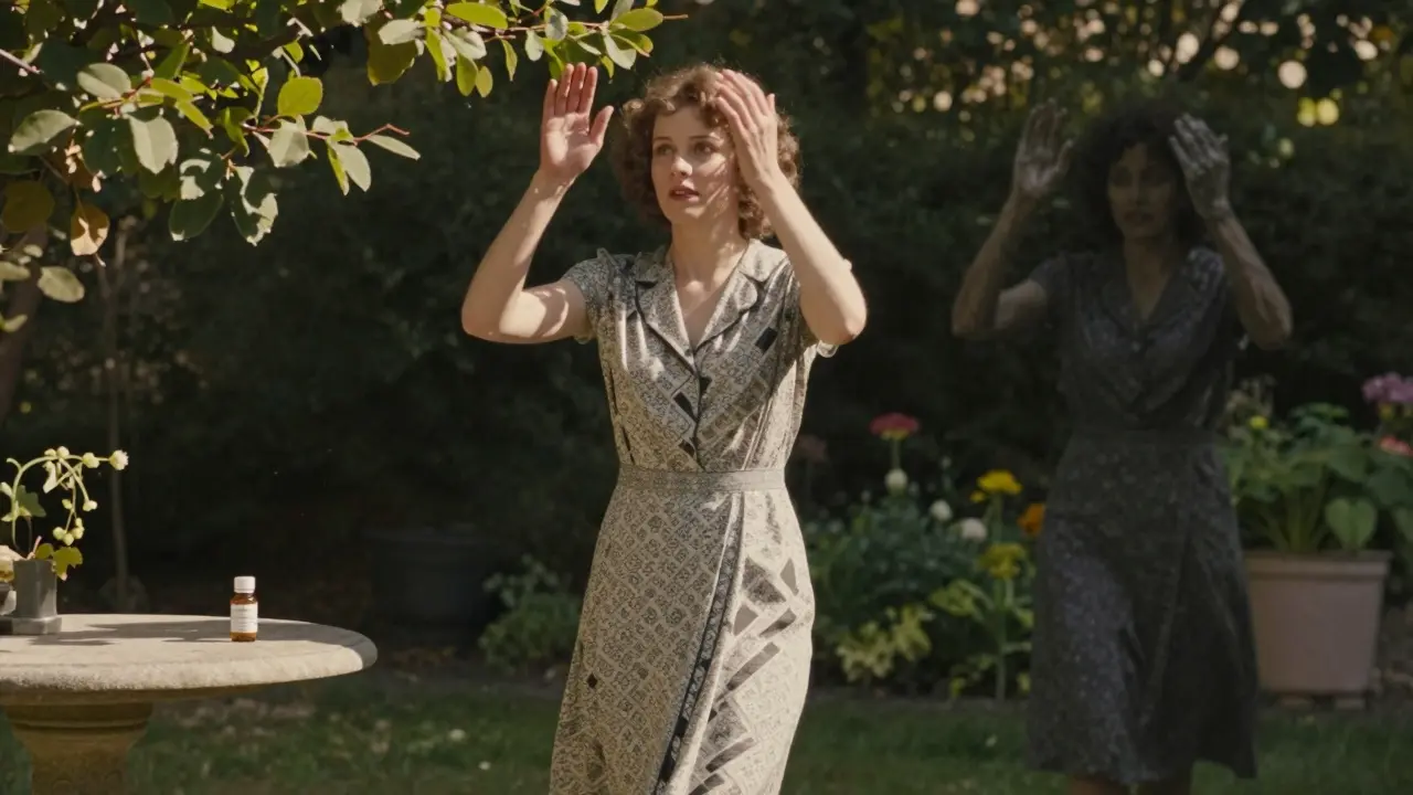 Женщина с омоложенными руками идёт по саду, за ней исчезает образ её старой руки — символ восстановления молодости.