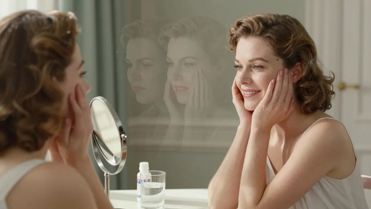 Женщина смотрит в зеркало, её лоб гладкий, за спиной тонкие силуэты прошлого напряжения медленно исчезают.