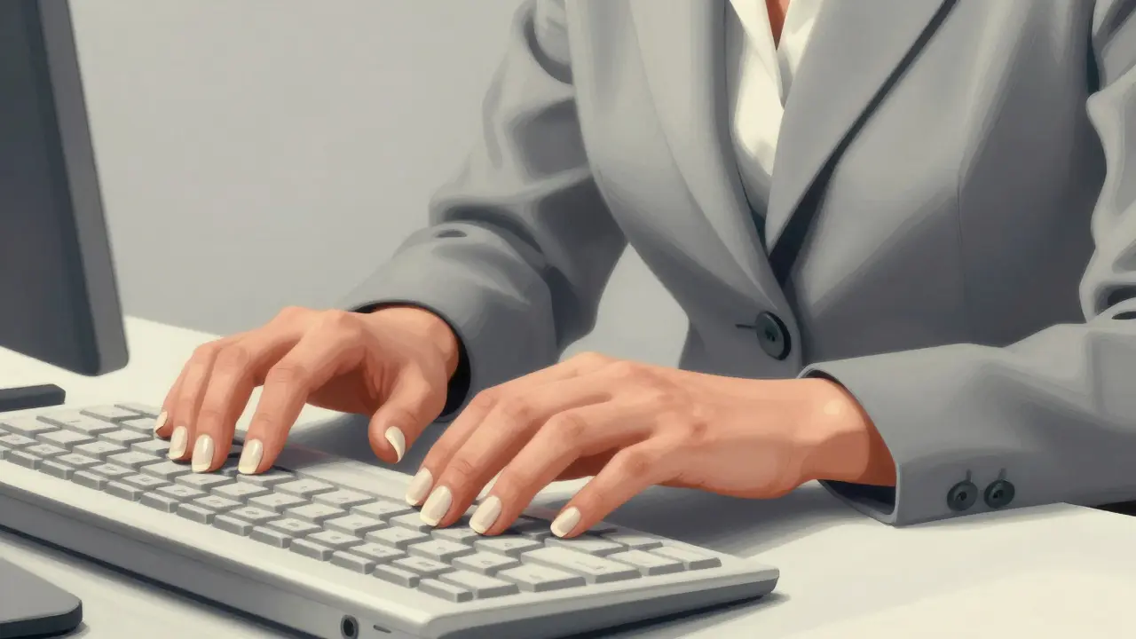 Женщина в деловом костюме с мягкими квадратными ногтями, печатающая на клавиатуре в офисе.