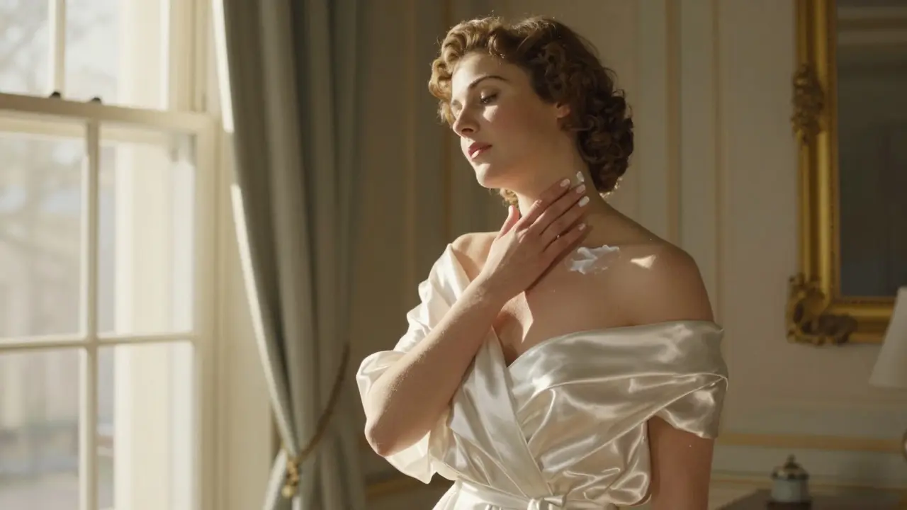 Элегантная женщина наносит защитный крем на шею и плечи в солнечных лучах