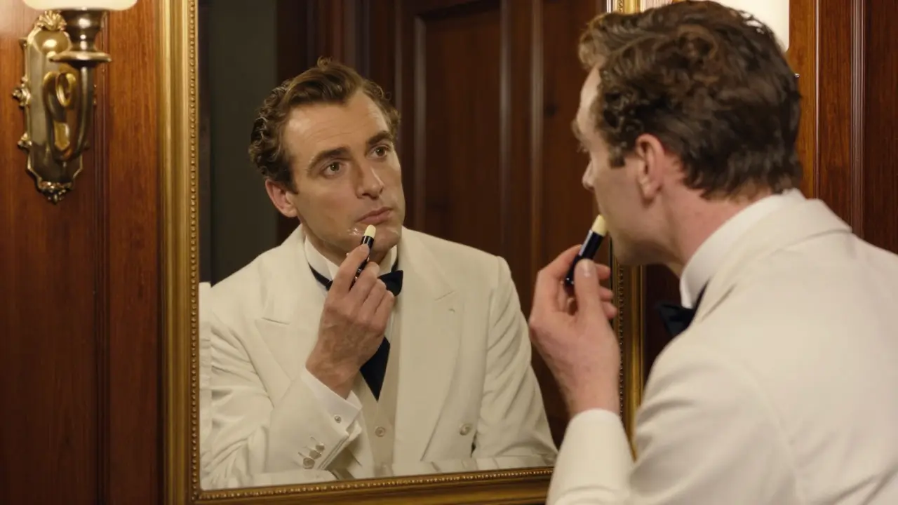 Элегантный мужчина наносит матовый бальзам для губ перед зеркалом