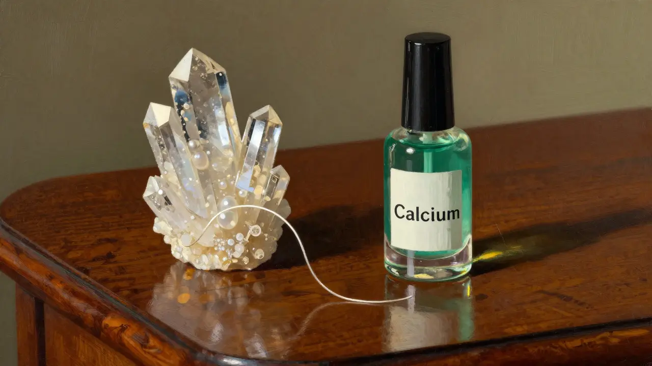 Флакон укрепляющего средства рядом с символами кальция и кератина