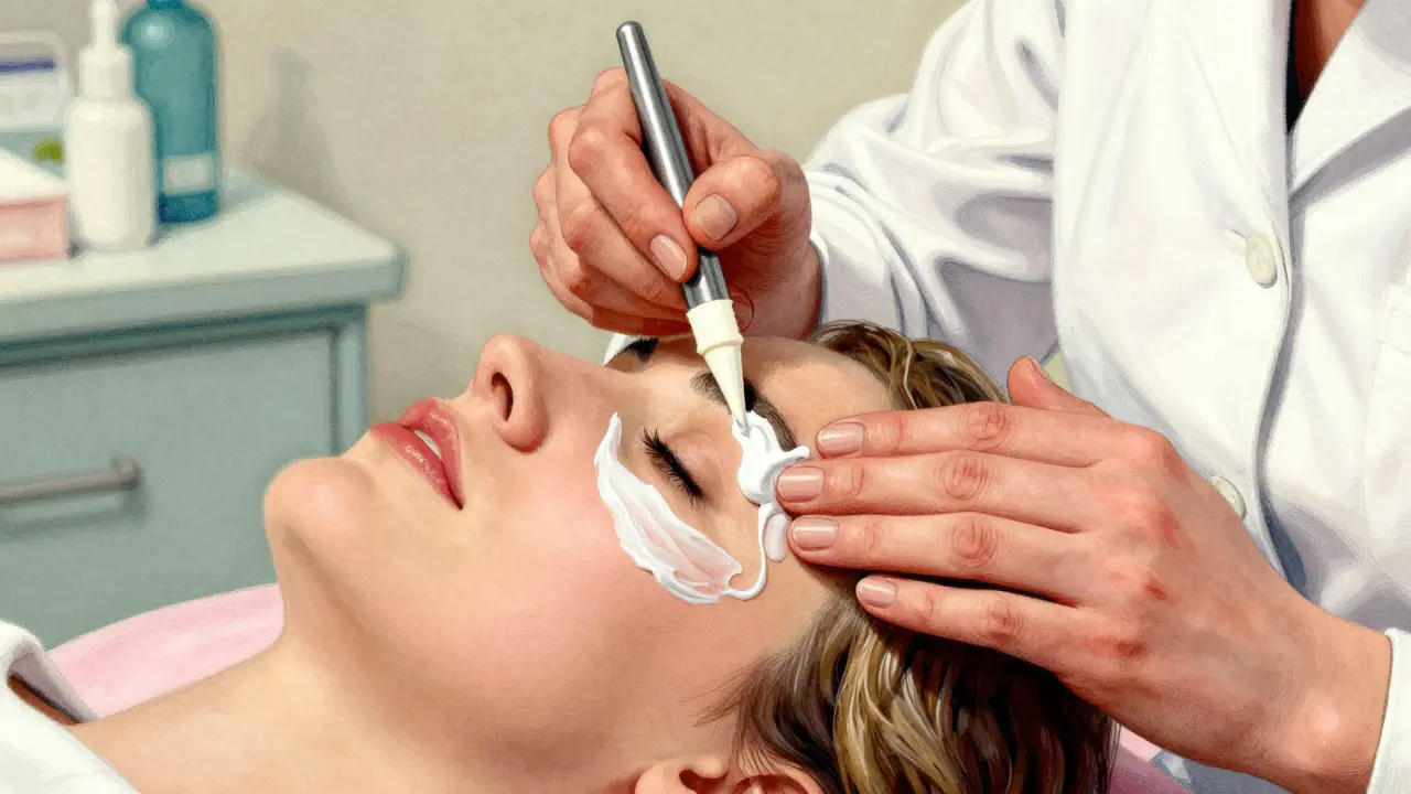 Косметолог наносит анестезирующий крем на кожу пациента