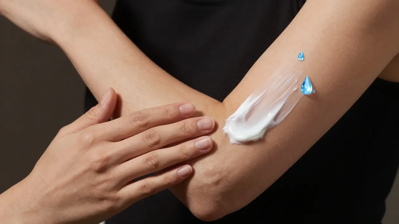 Нанесение увлажняющего крема на локоть с визуализацией притяжения влаги