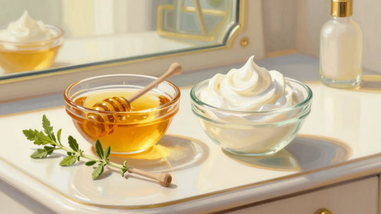 Натюрморт с медом и увлажняющим кремом для восстановления кожи в изящном художественном стиле.