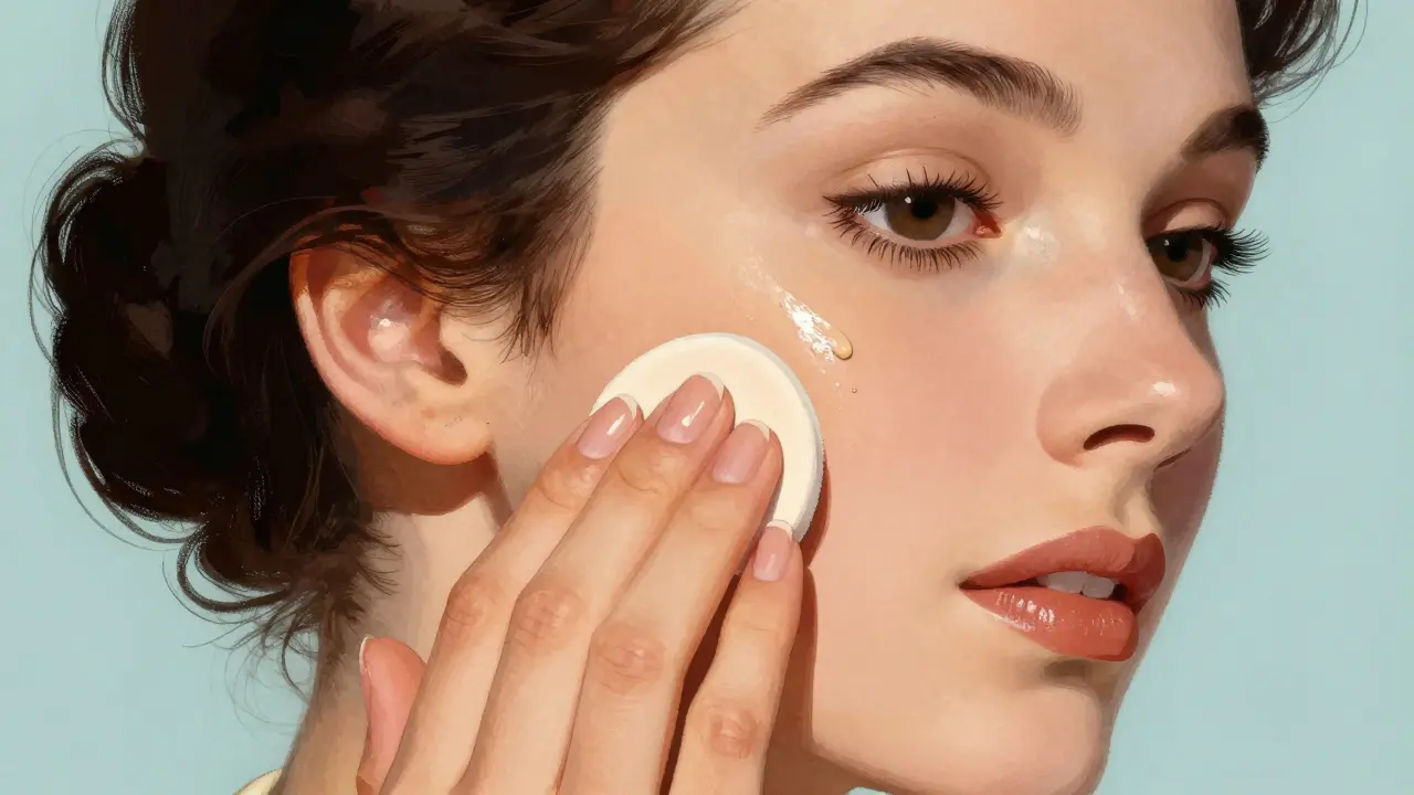 Процесс нанесения тонального флюида на кожу с помощью влажного спонжа