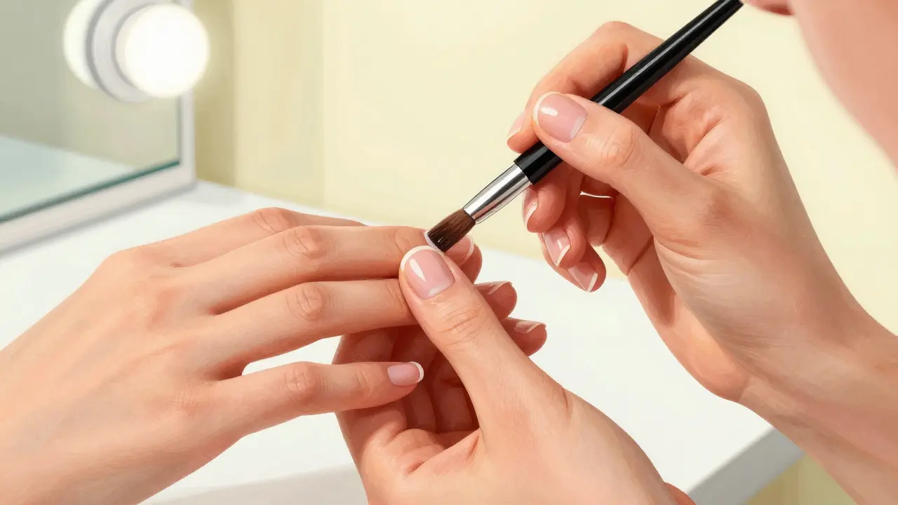 Процесс нанесения укрепляющей базы на ногти с запечатыванием края