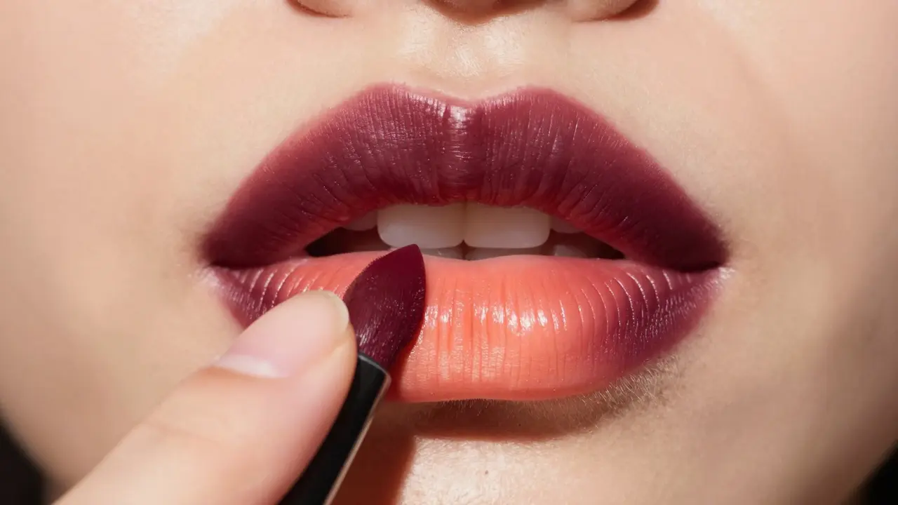 Процесс растушевки двух оттенков помады пальцем для эффекта омбре