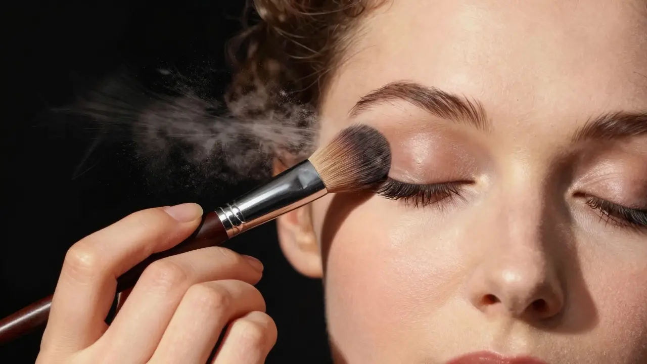 Процесс закрепления века прозрачной пудрой с помощью кисти