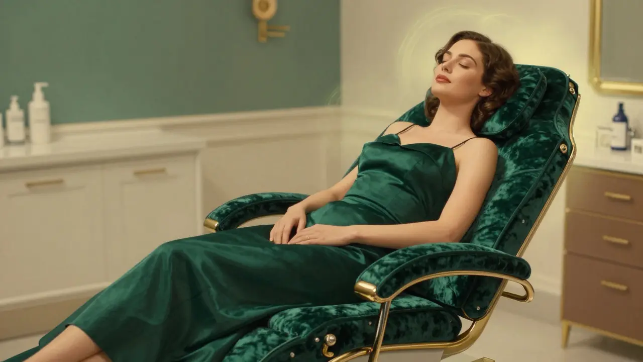 Расслабленная женщина отдыхает в кресле в роскошном косметологическом кабинете