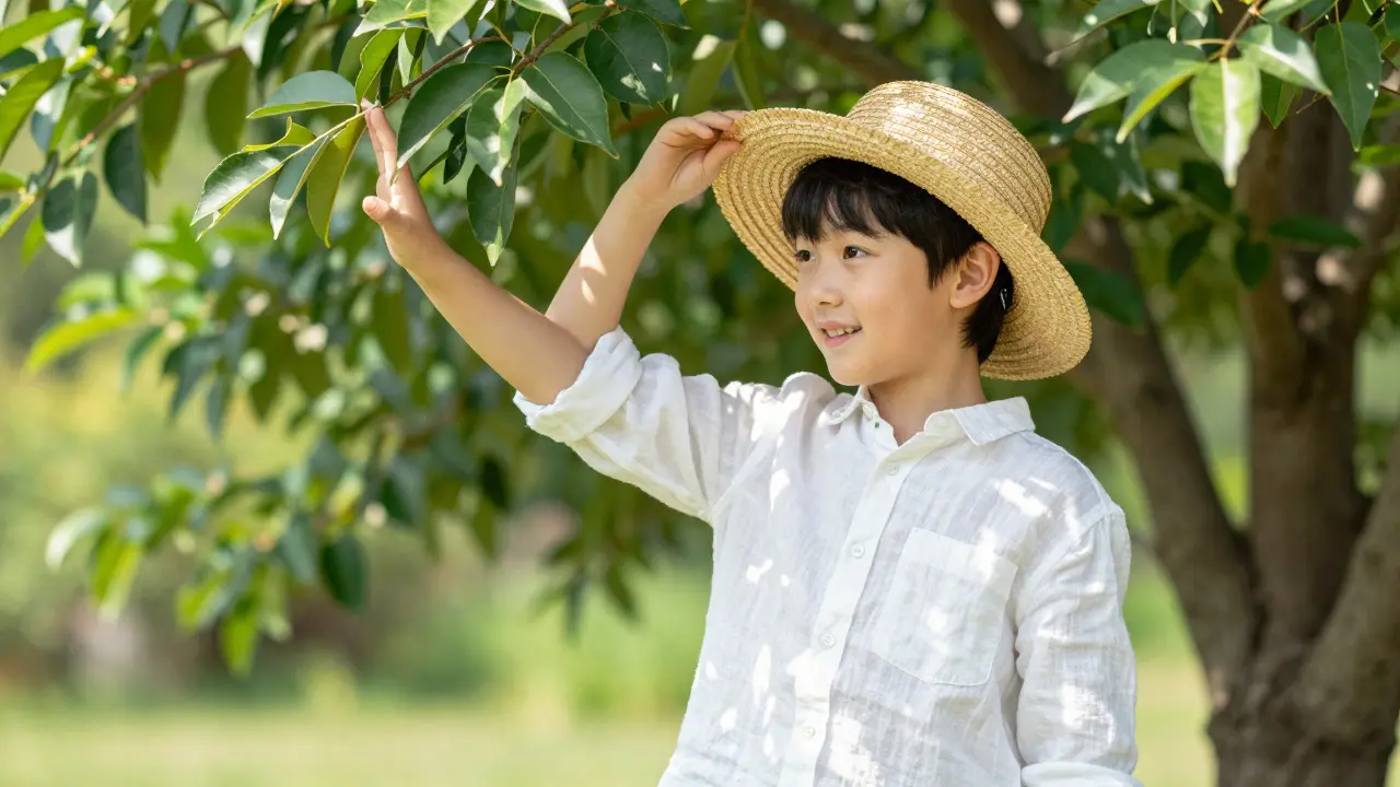 Ребенок в соломенной шляпе и льняной одежде играет в тени дерева