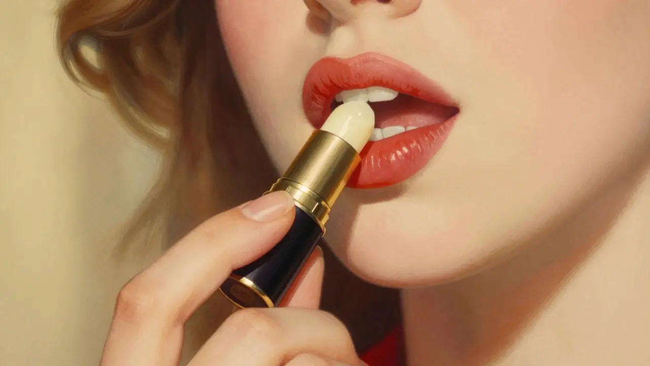 Рука держит бальзам для губ, готовясь нанести его, в стиле иллюстрации Лейендекера