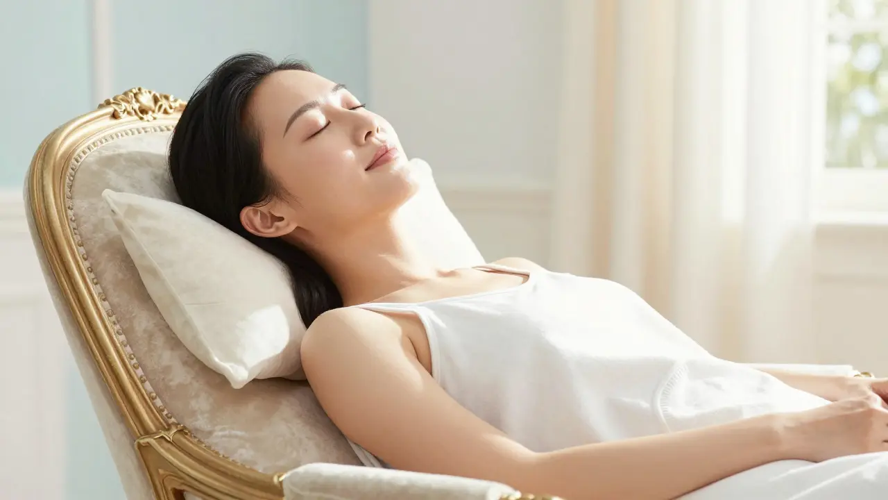 Сияющий и отдохнувший человек, восстанавливающий здоровье кожи и спокойствие