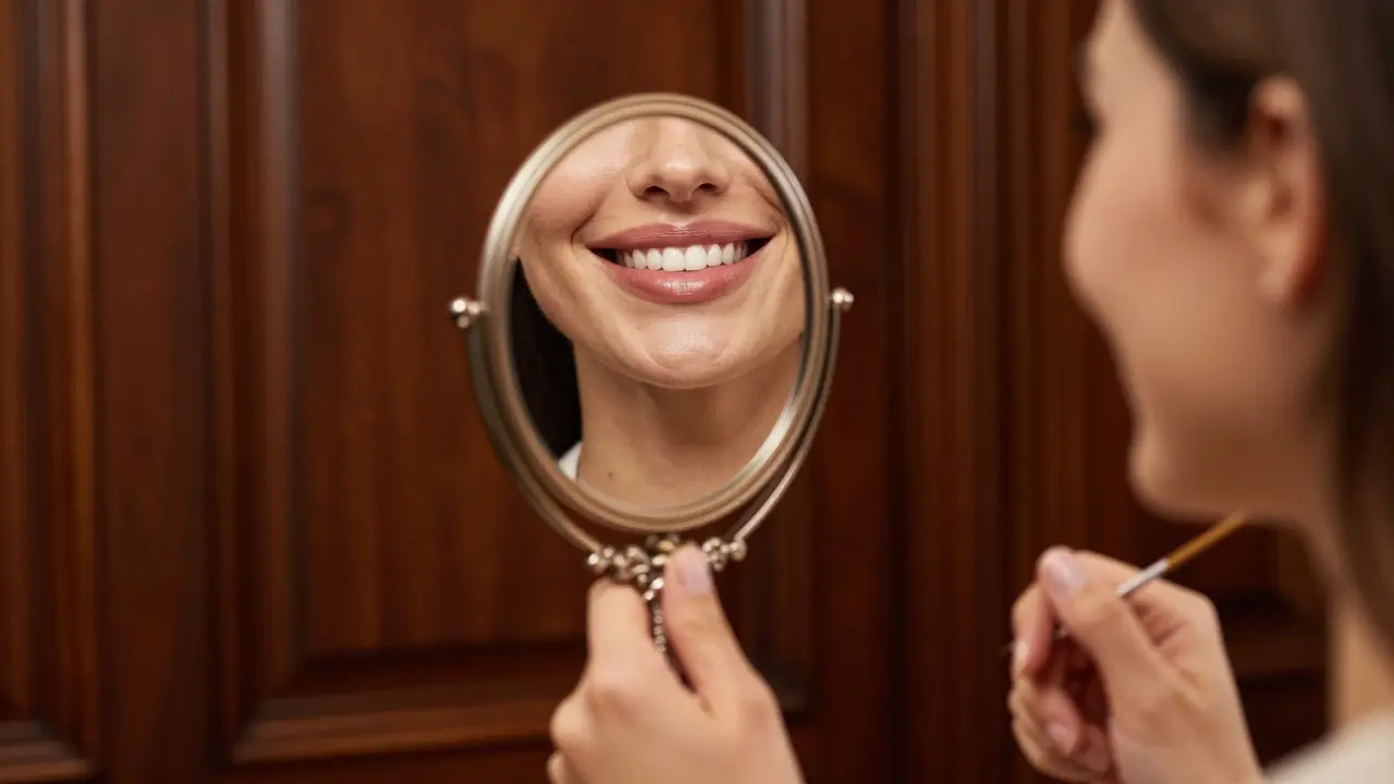 Улыбающийся человек смотрит в зеркало на свои здоровые губы в стиле Лейендекера