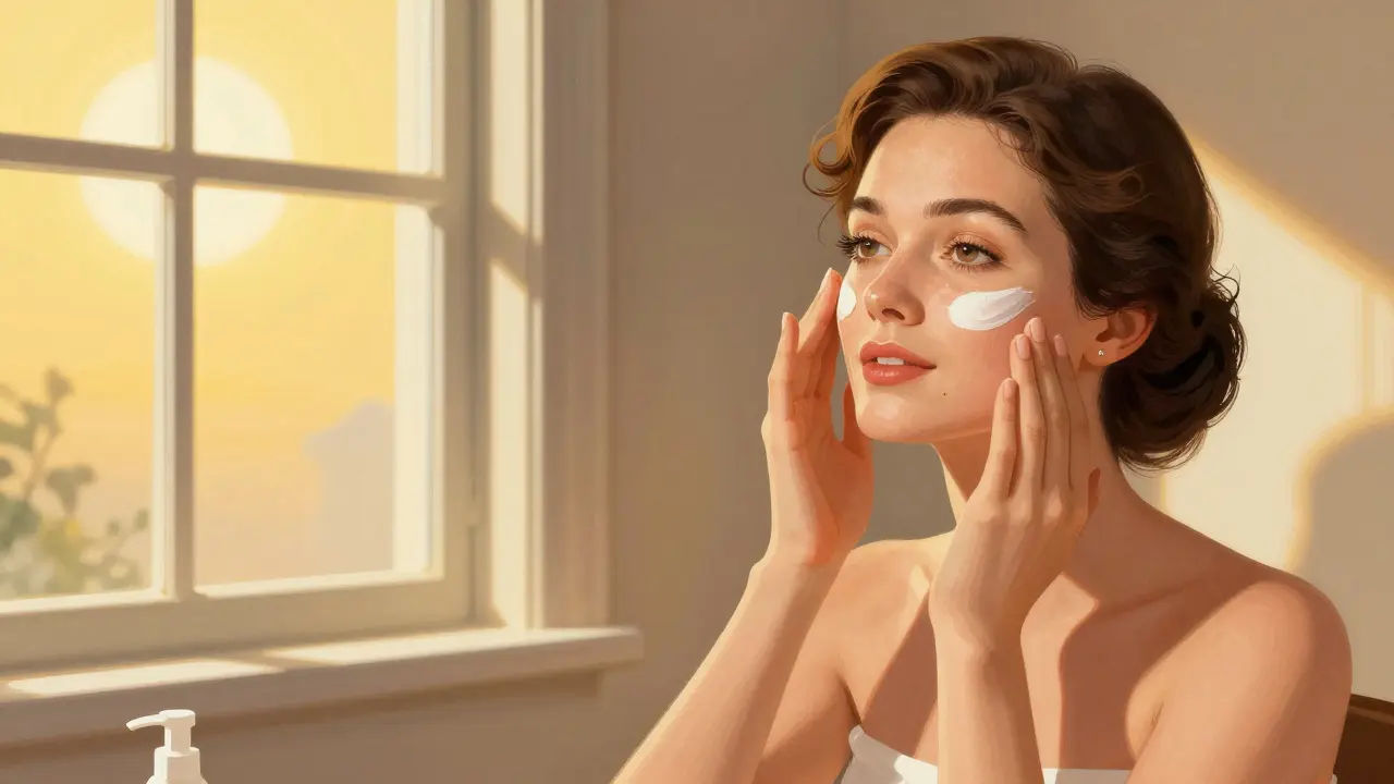 Женщина наносит солнцезащитный крем после ухода за кожей в классическом стиле