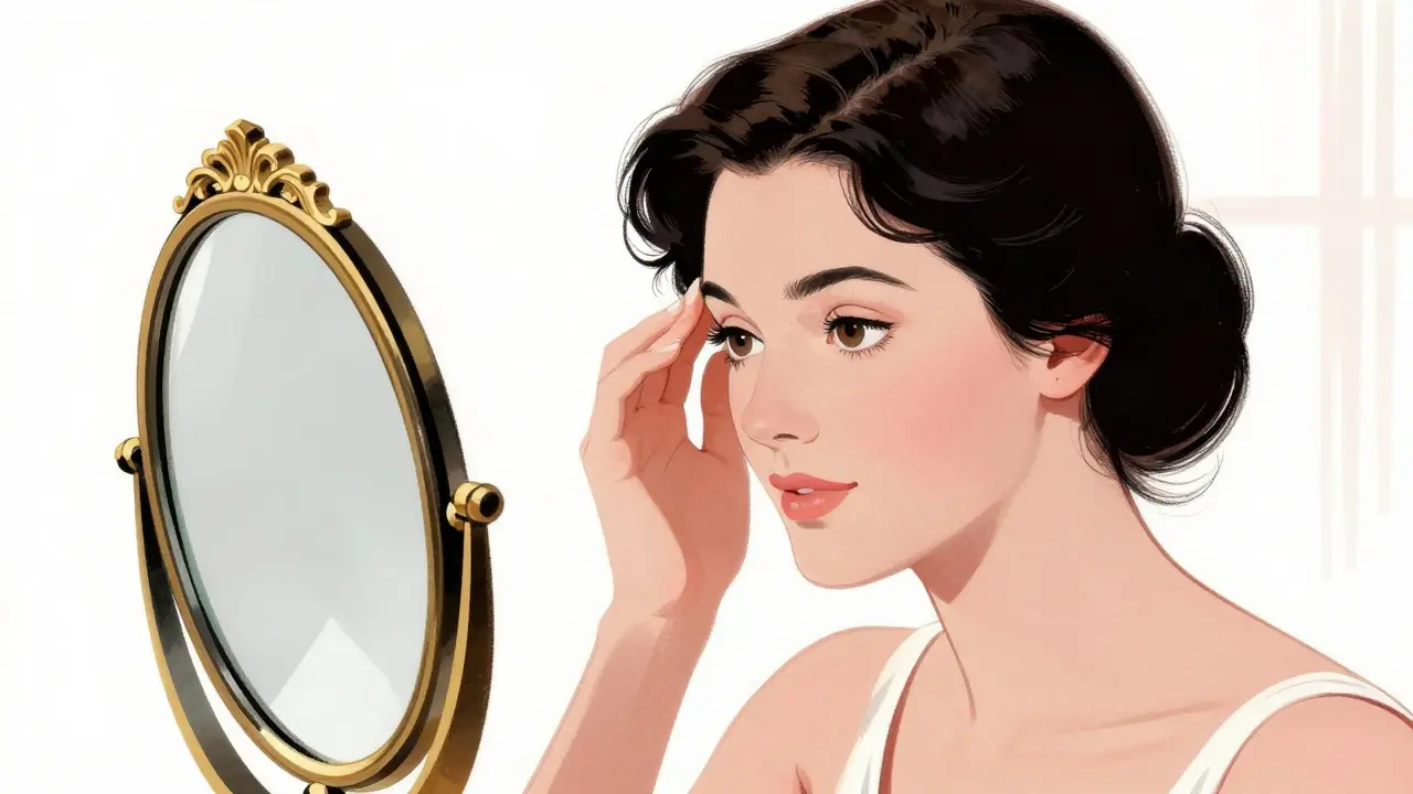 Женщина перед зеркалом завершает уход за кожей вокруг глаз