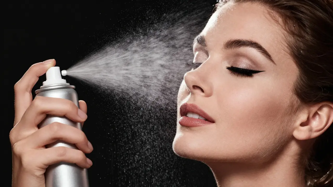 Женщина распыляет фиксирующий спрей на макияж с идеальными стрелками