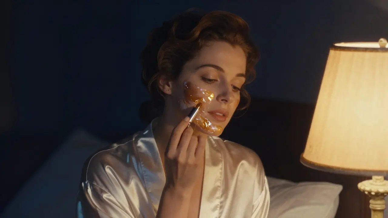 Женщина в шелковом халате наносит ночную маску для губ в уютной обстановке