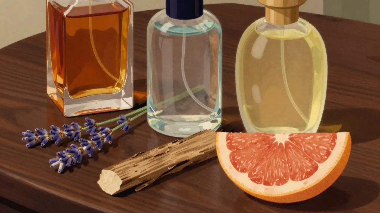 Флаконы парфюма с элементами дерева, цитрусовых и лаванды на столе