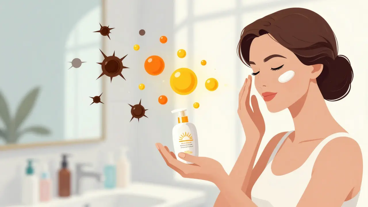 Женщина наносит крем с SPF и антиоксидантами для защиты