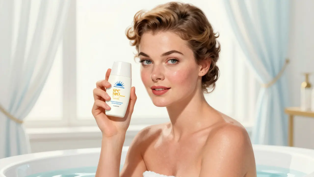 Уверенная женщина с чистой кожей держит крем с SPF