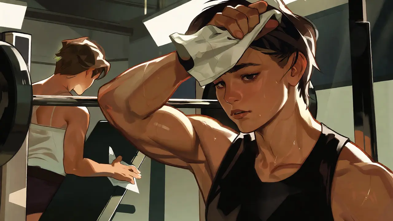 Иллюстрация в стиле J.C. Leyendecker: удаление пота полотенцем во время тренировки